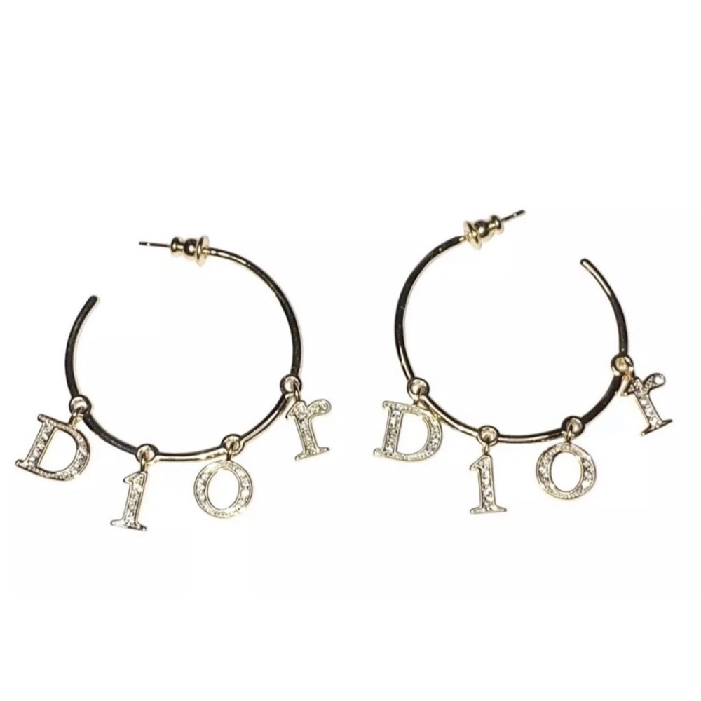 Dior hoop earrings hoops gold Letter Charm letter logo Galliano vintage crystals